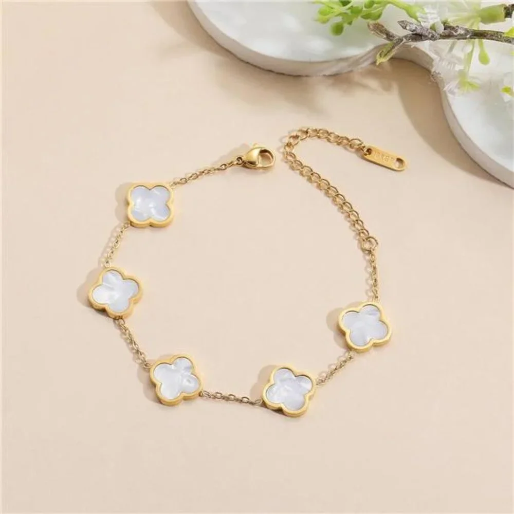 18K Gold Plated Clover Lucky Bracelet for Women White Flower - Picture 6 of 6